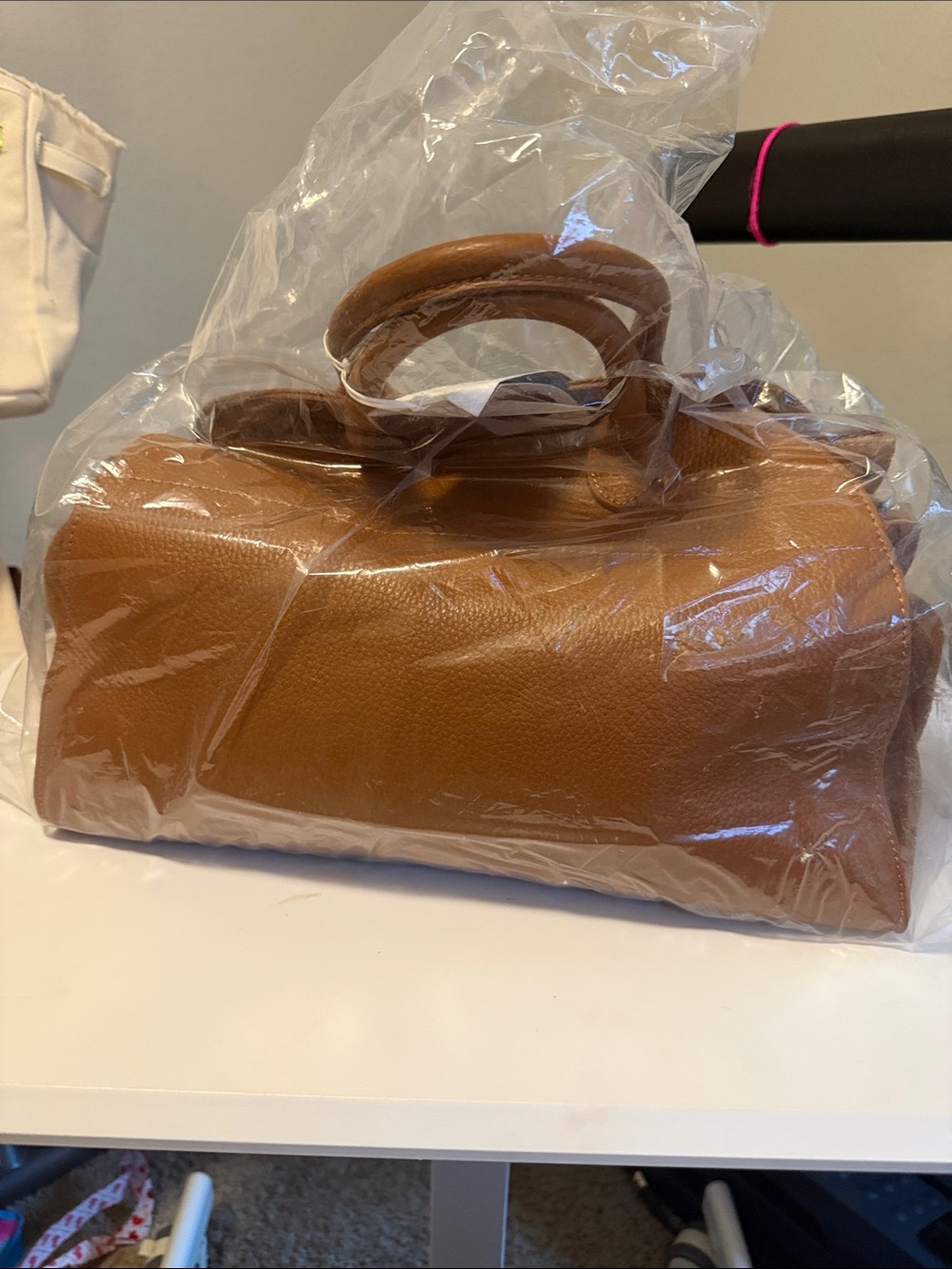 Classic Tan Leather Satchel with Rounded Top Handles